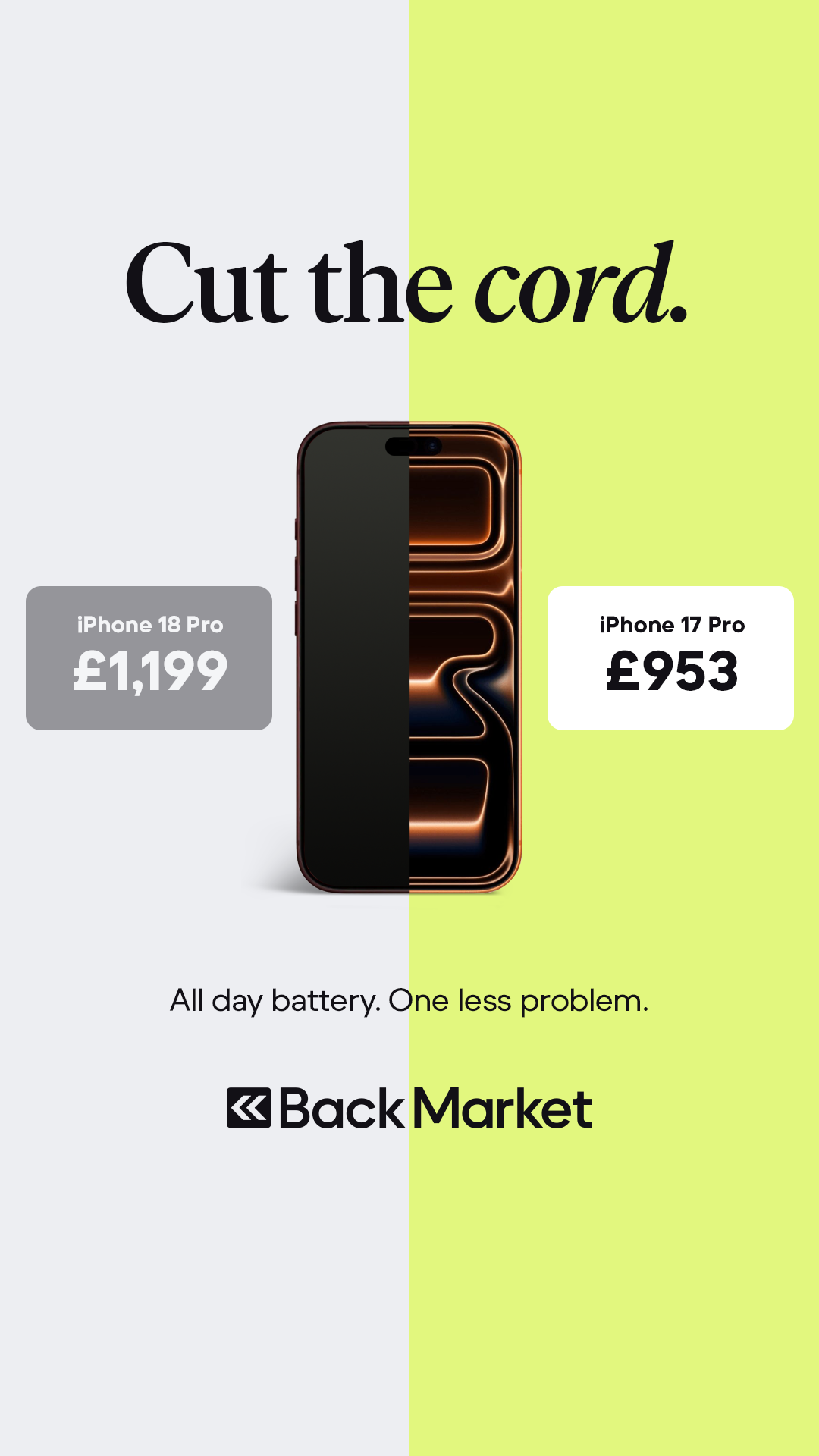 Back Market Facebook ad: 100 Battery. 0 Problems.