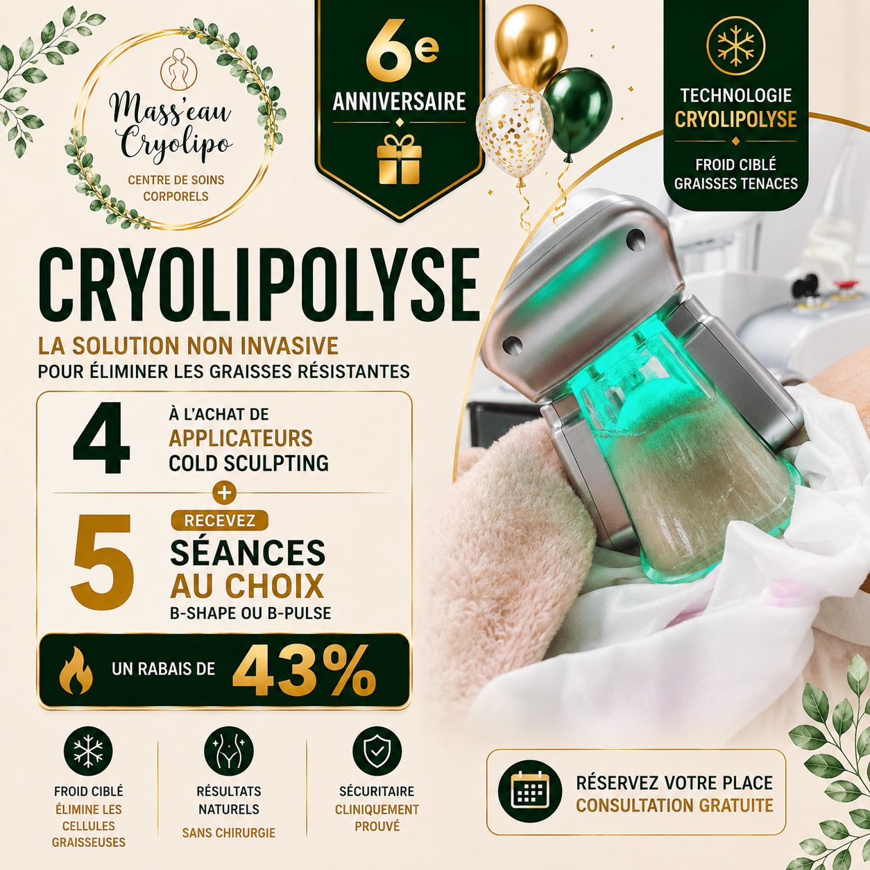 Mass'eau' Cryolipo Facebook ad: Achetez 4 + recevez 5 GRATUITES - Dites adieu aux…