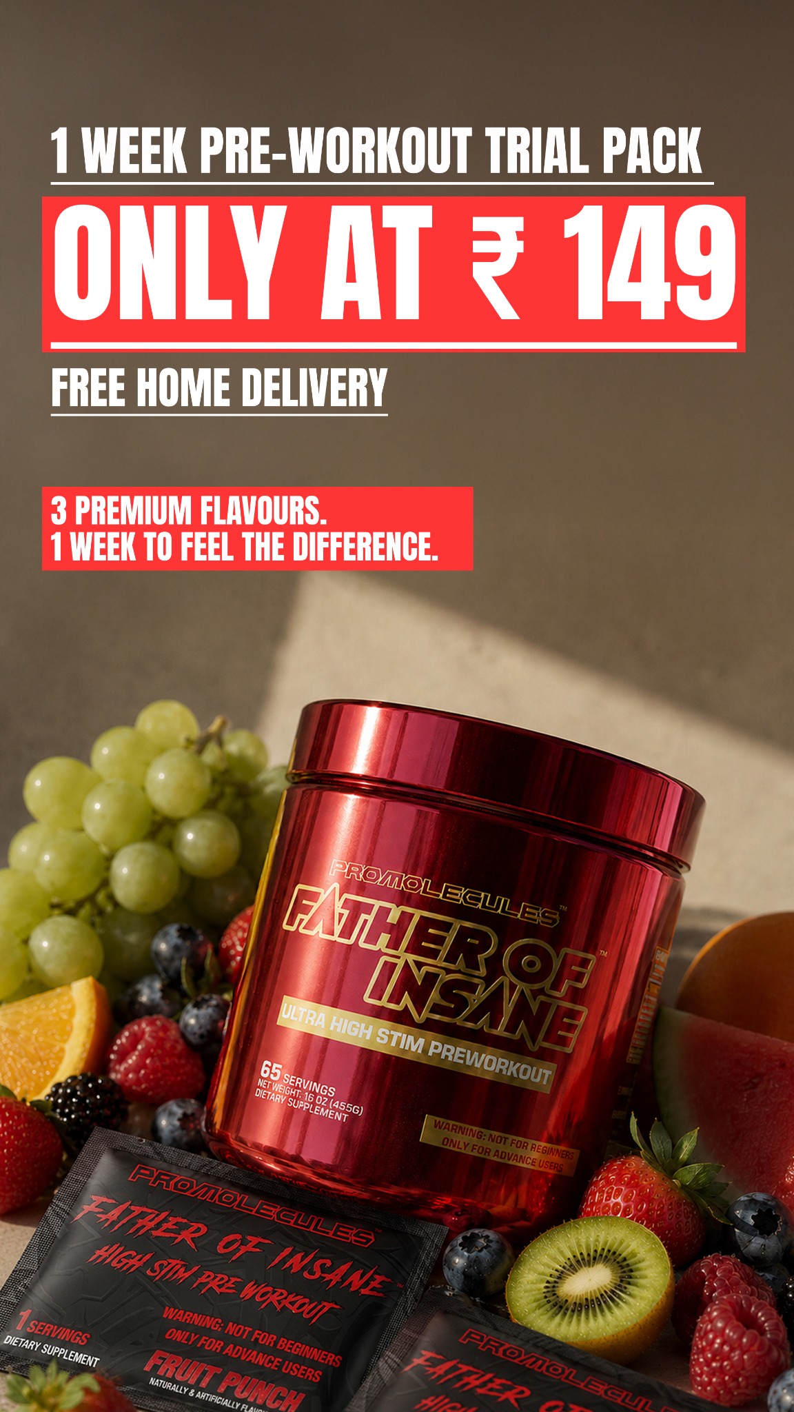 Promolecules Facebook ad: Ultra High Stim 3 Flavor Pre Workout @ ₹149 With Free…