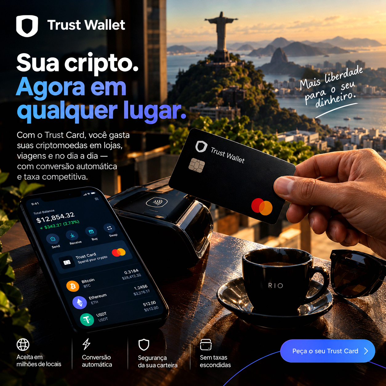 Penguii's Are Flightless Facebook ad: Sua cripto. Seu cartão. Sua liberdade.