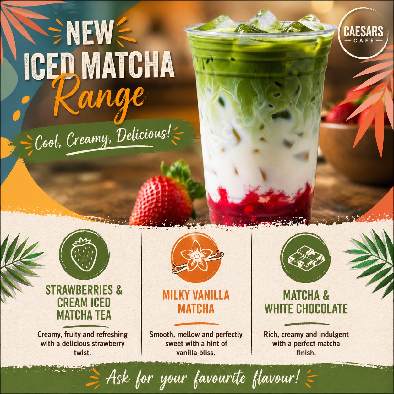 Caesars Blackwood Facebook ad: NEW ICED MATCHA RANGE NOW AT CAESARS