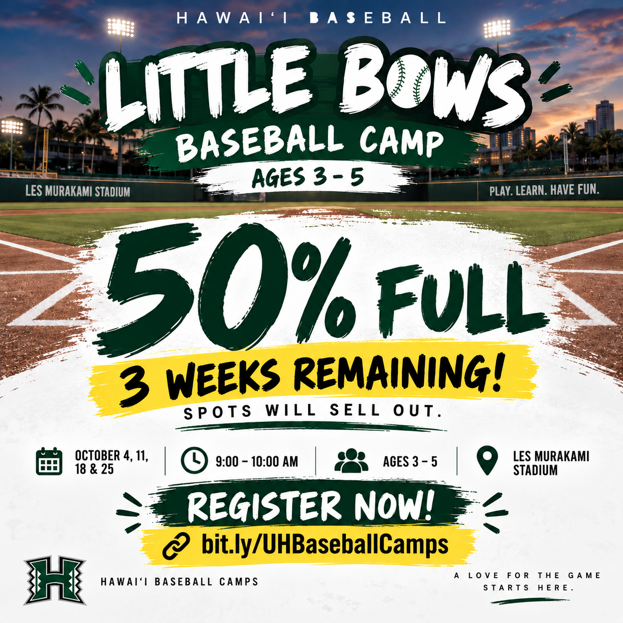 Hawaii Baseball Camps Facebook ad: Little Bows Baseball, Ages 3-5 TeeBall at the Les!