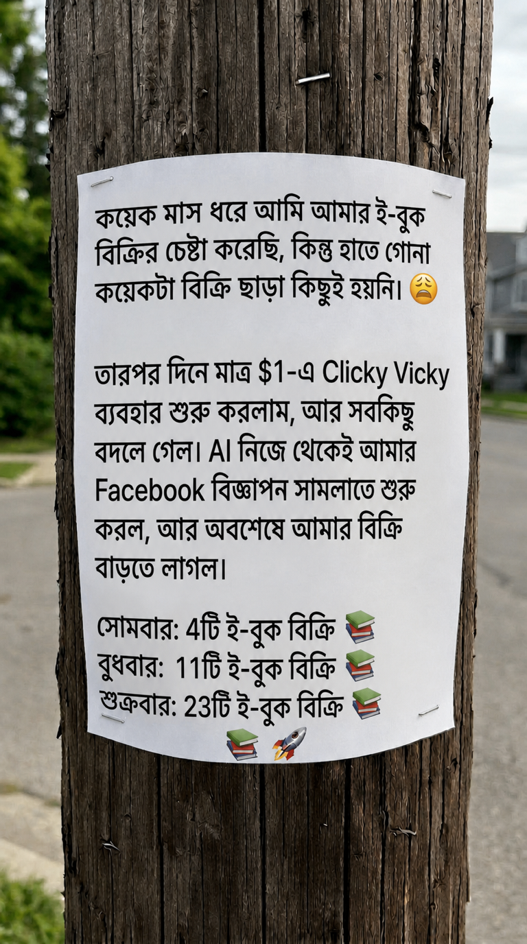 Clicky Vicky - AI Social Media Manager Facebook ad: AI আপনার সোশ্যাল মিডিয়া চালায় দিনে মাত্র $1-এ