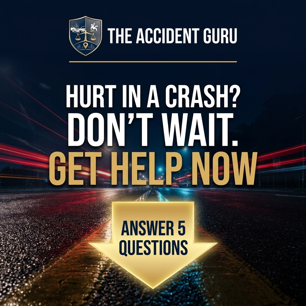 The Accident Guru Facebook ad: Don't wait. Get help now. 5 questions. One minute. Free…