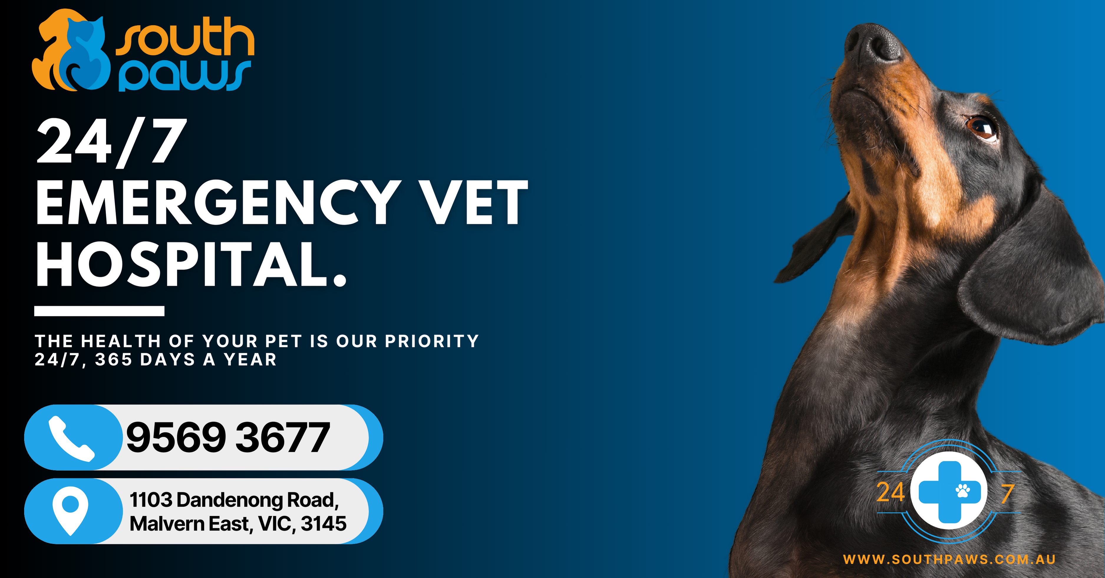 Southpaws Specialty Surgery for Animals Facebook ad: Your 24/7 Veterinary Emergency Care Solution, 365 Days…