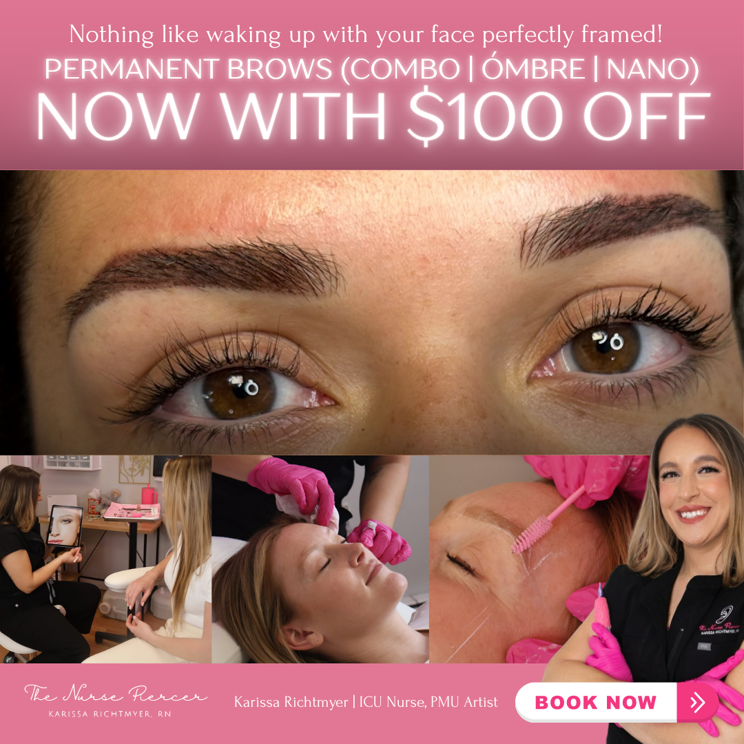 The Nurse Piercer Facebook ad: $100 OFF Beautiful, Fuller Brows.