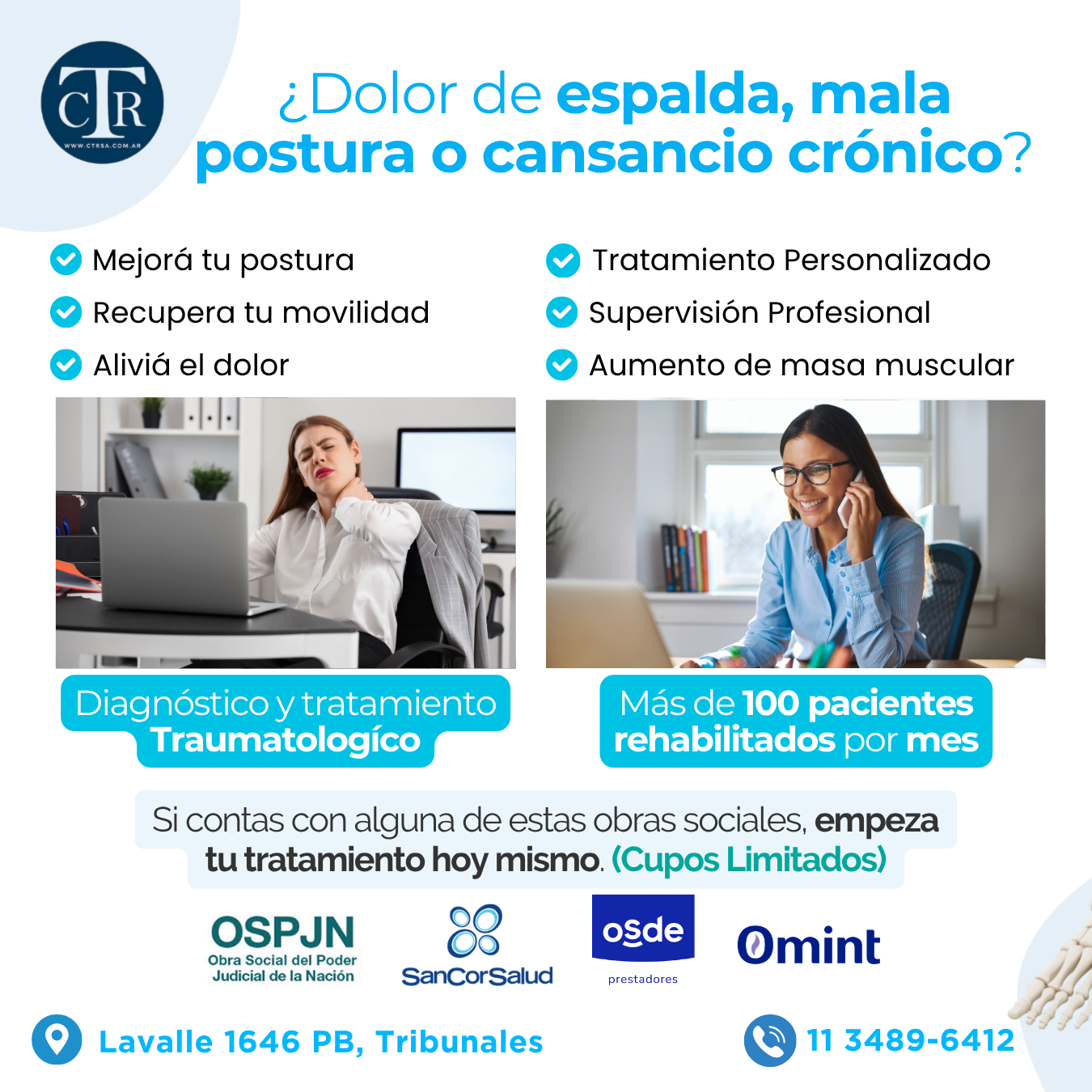 MCM Salud Facebook ad: Si trabajás sentada y te duele todo… esto…