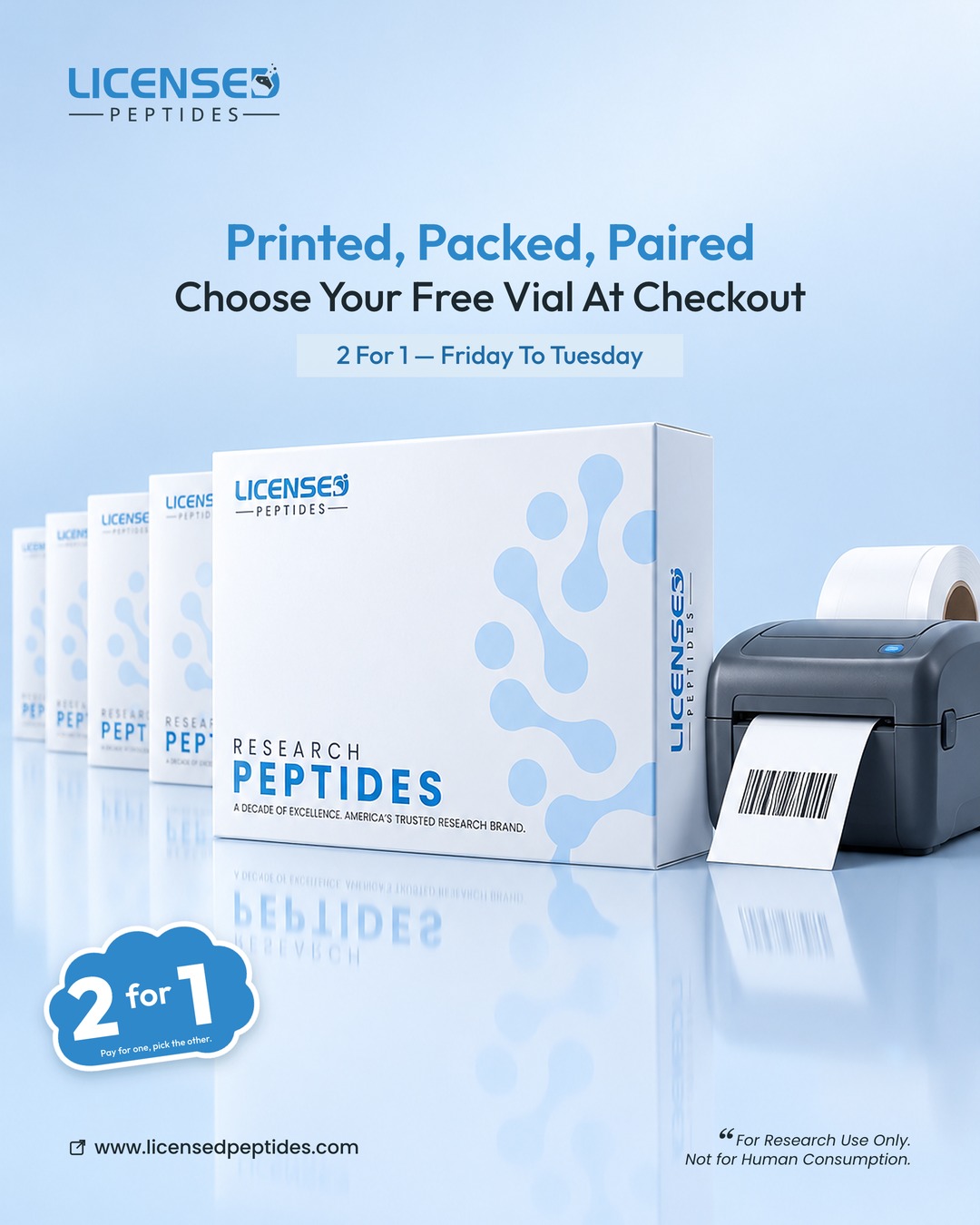 LicensedPeptides.com Facebook ad: 2 FOR 1, PICK ANY VIAL FREE