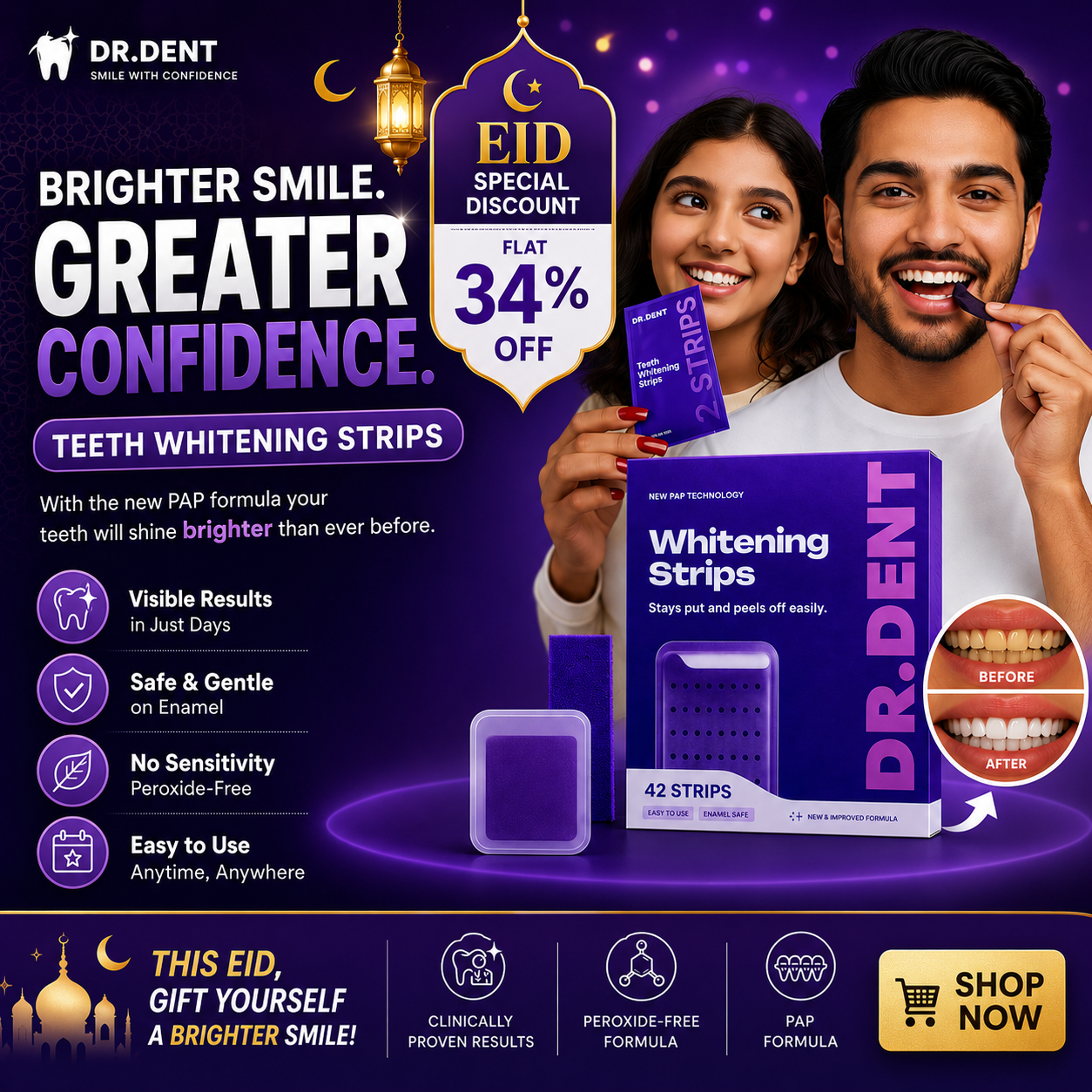Gulf Mart Facebook ad: Dr Dent Instant Teeth Whitening Strips (V34, PAP+ Formula)
