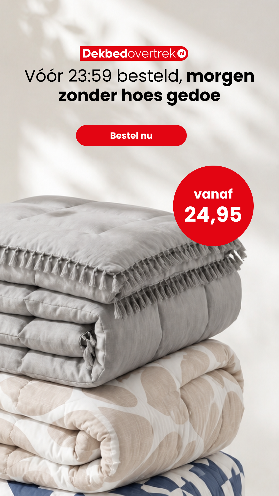 Dekbedovertrek.nl Facebook ad: Voor 23:59 besteld, morgen in huis