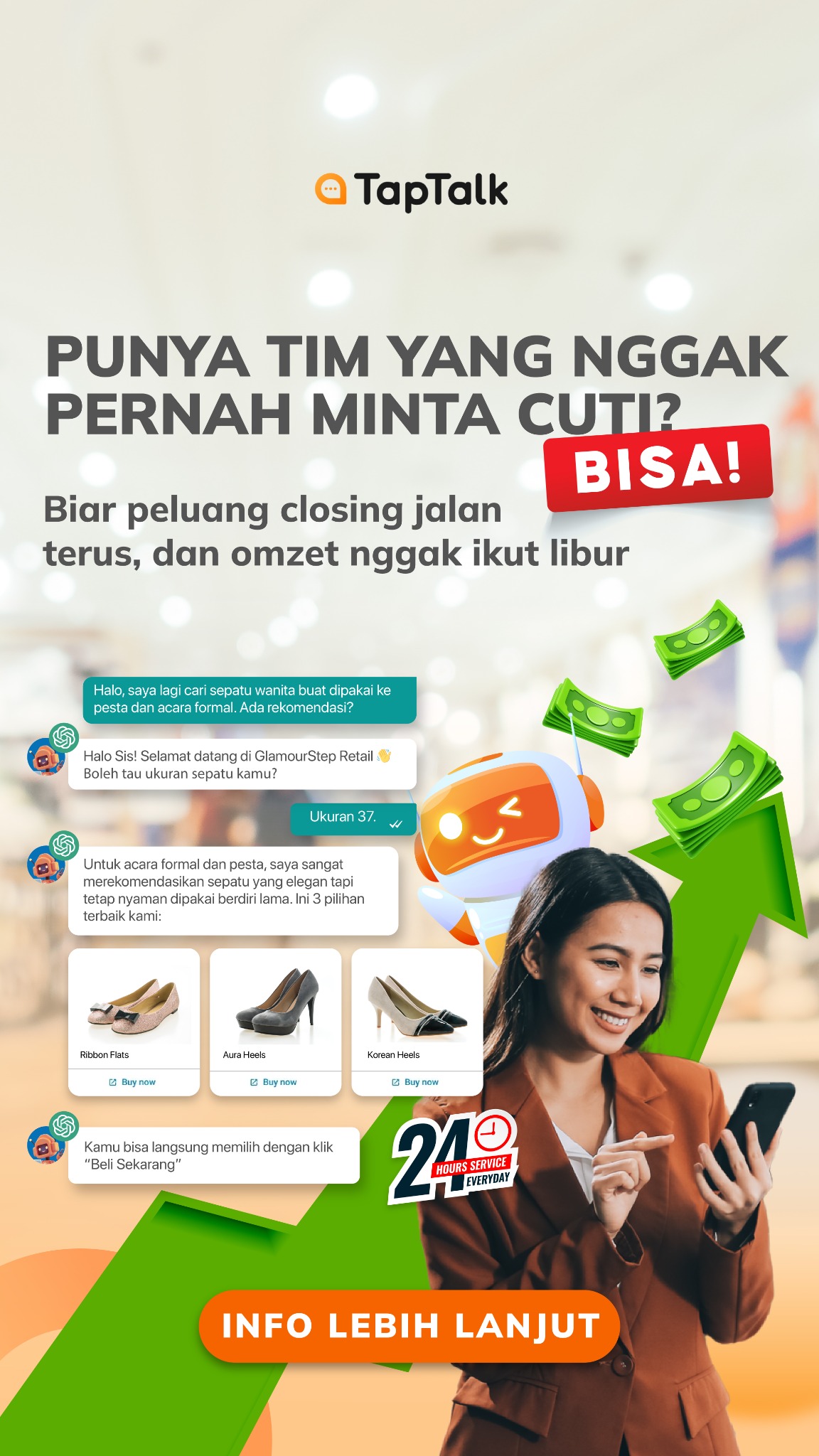 TapTalk.io Facebook ad: Omzet Nggak Harus Ikut Libur