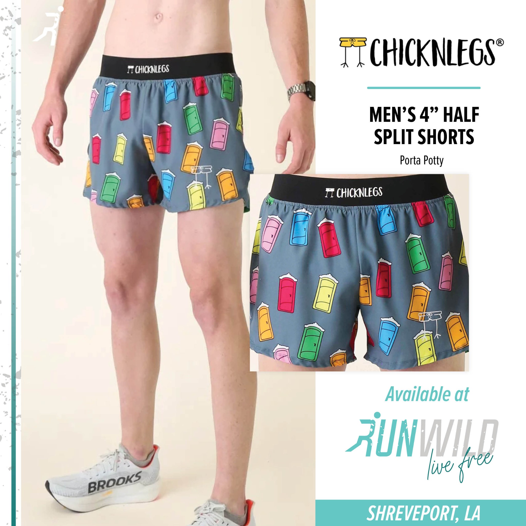 Run Wild Shreveport Facebook ad: CHICKNLEGS 4 Half Split Shorts