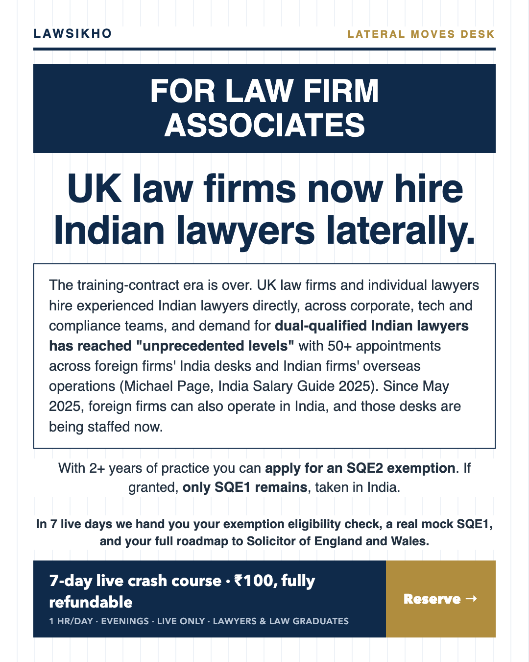 LawSikho Facebook ad: UK law firms now hire Indian lawyers laterally