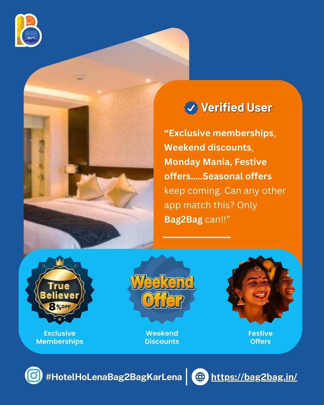 Bag2Bag Hotels and Homes Facebook ad: Earn ₹500 credits instantly, enjoy member-only perks…