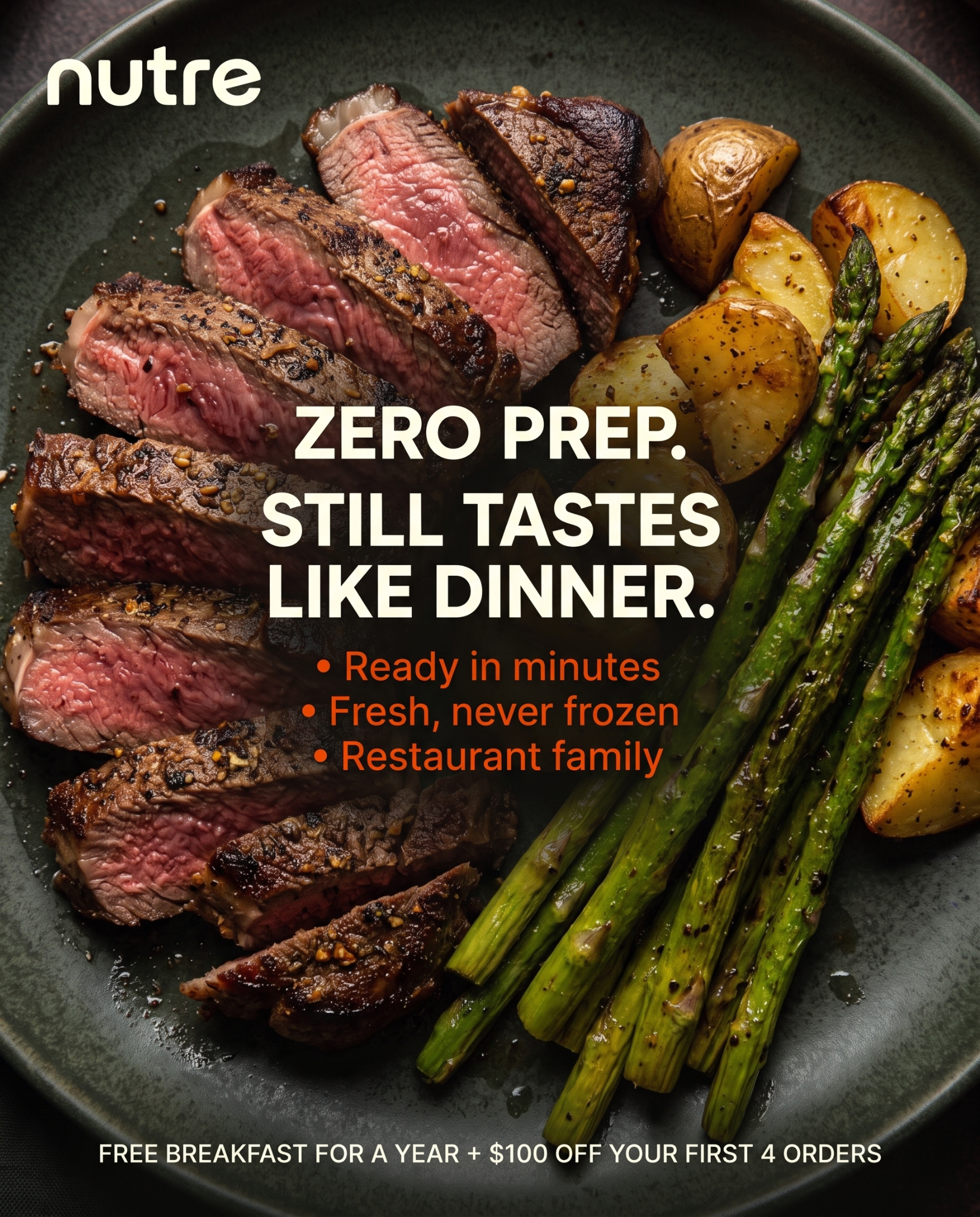 Nutre Meal Plans Facebook ad: FREE Breakfast for 1 YEAR + $100 OFF!