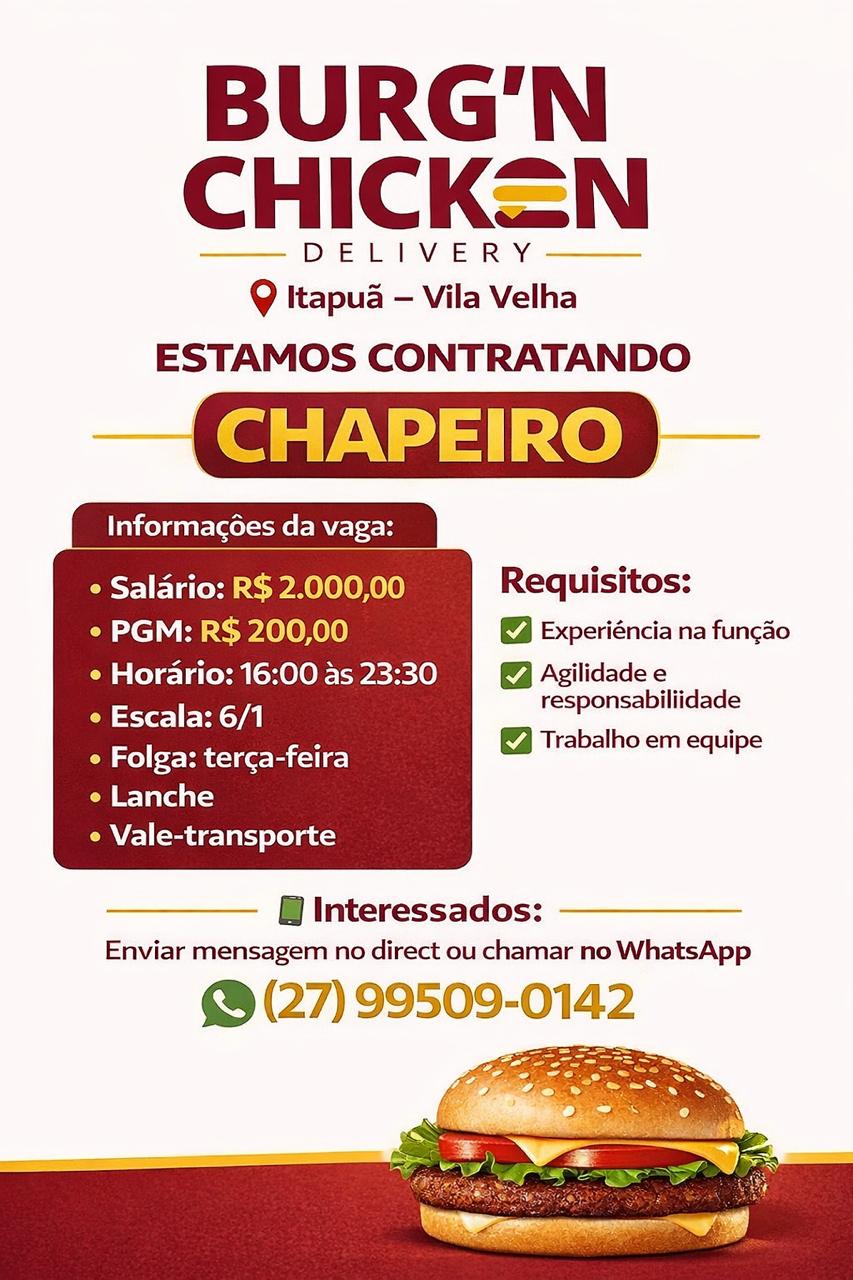 Burgn Chicken Facebook ad: O Burg’n Chicken Oferece vaga para CHAPEIRO - R$2000
