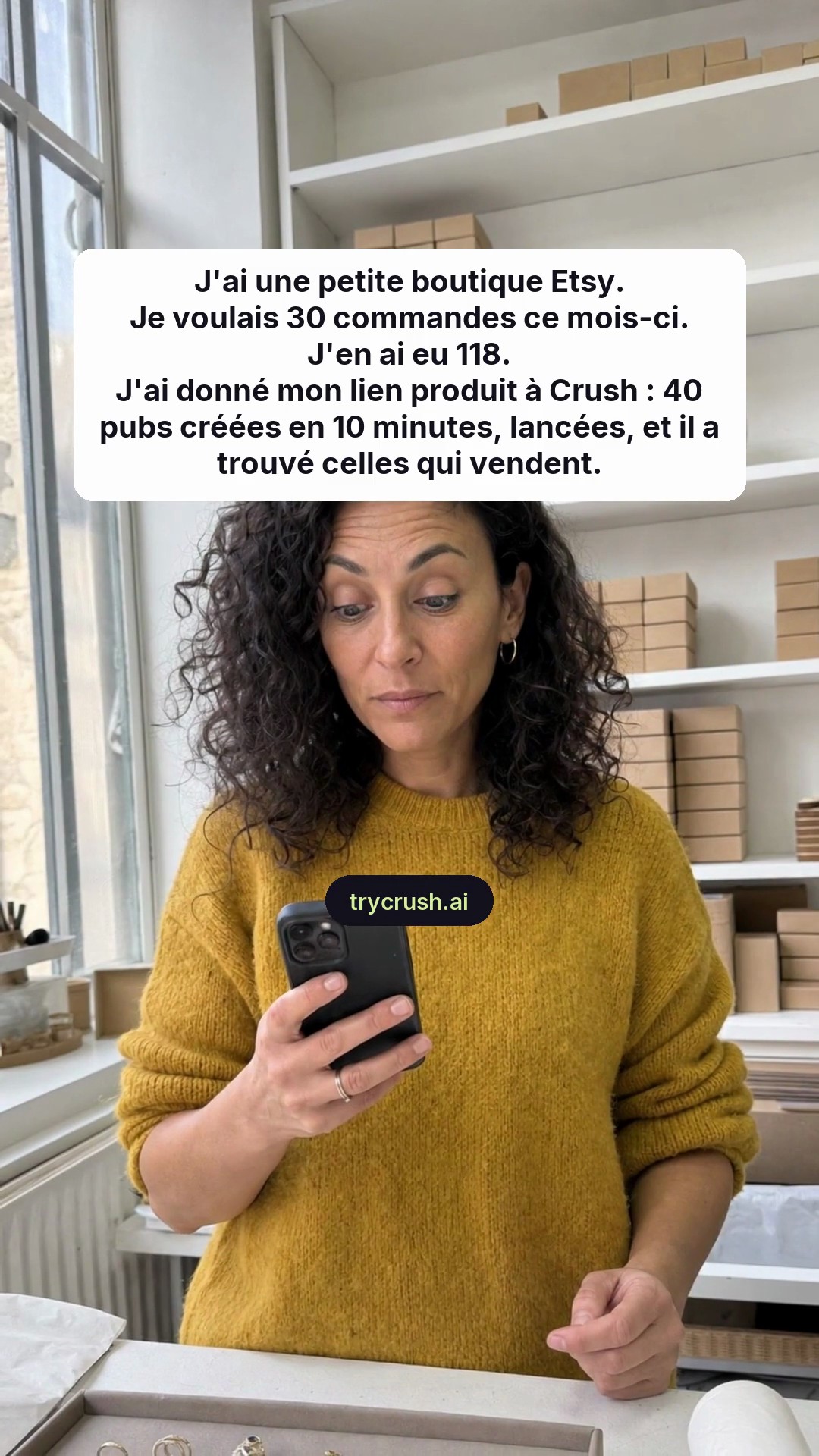 trycrush.ai Facebook ad: Je voulais 30 commandes. J'en ai eu 118.