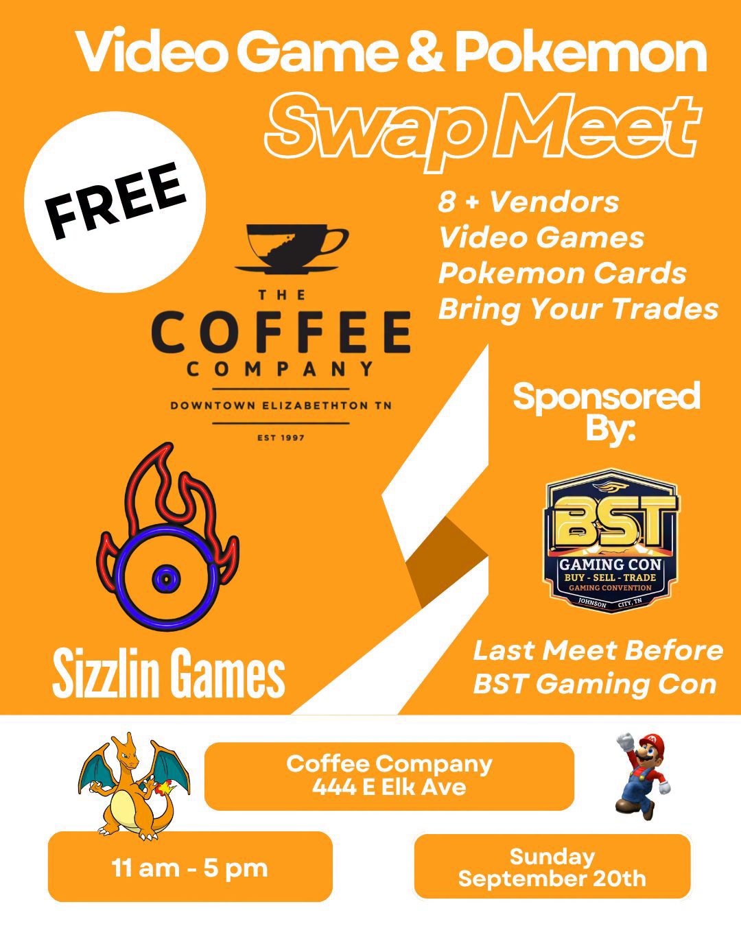 Sizzlin' Games Facebook ad: Video Game & Pokemon Swap Meet Hosted by Sizzlin Games &…