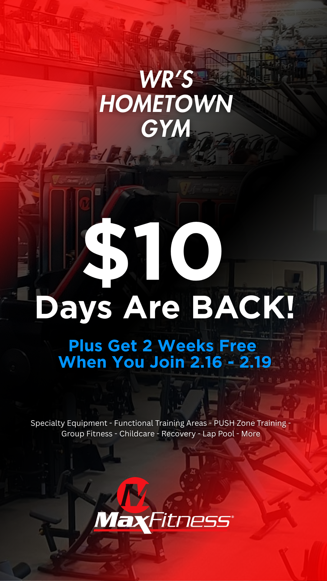 Max Fitness Warner Robins Facebook ad from Feb 15, 2026