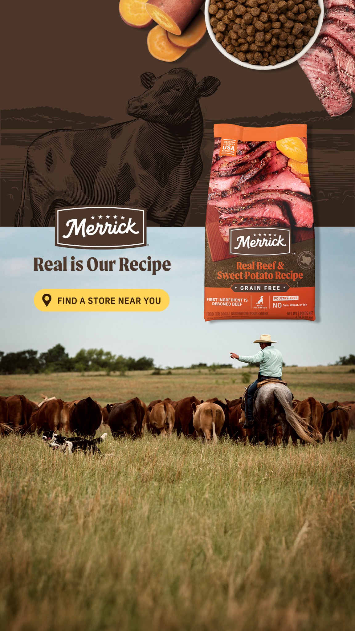 Merrick Pet Care Facebook ad: Merrick. Real Is Our Recipe.​