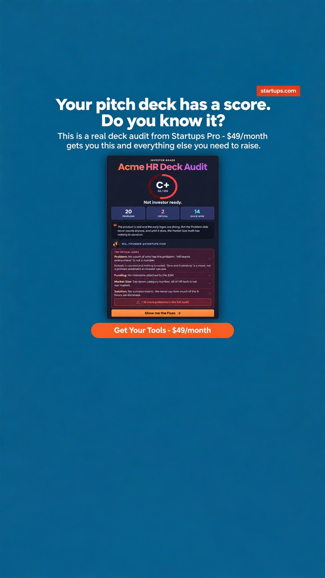 Startups.com Facebook ad: Know Your Deck's Score - $49/month