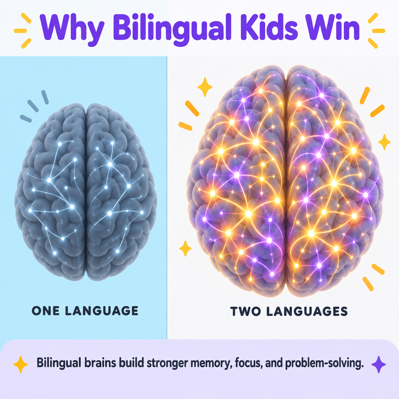 Spanish.Education Facebook ad: Why Bilingual Kids Win: Stronger Memory, Real Spanish