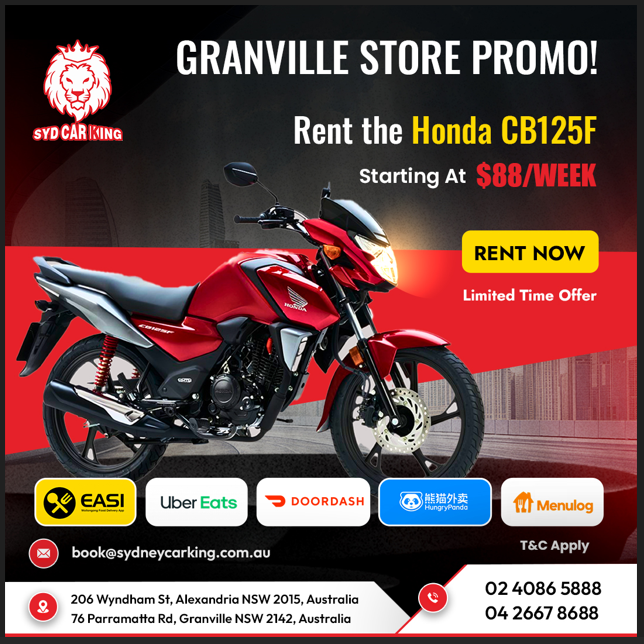 Sydney Car King Facebook ad: Don’t Miss Out: Rent a Honda CB125F for $88/Week!