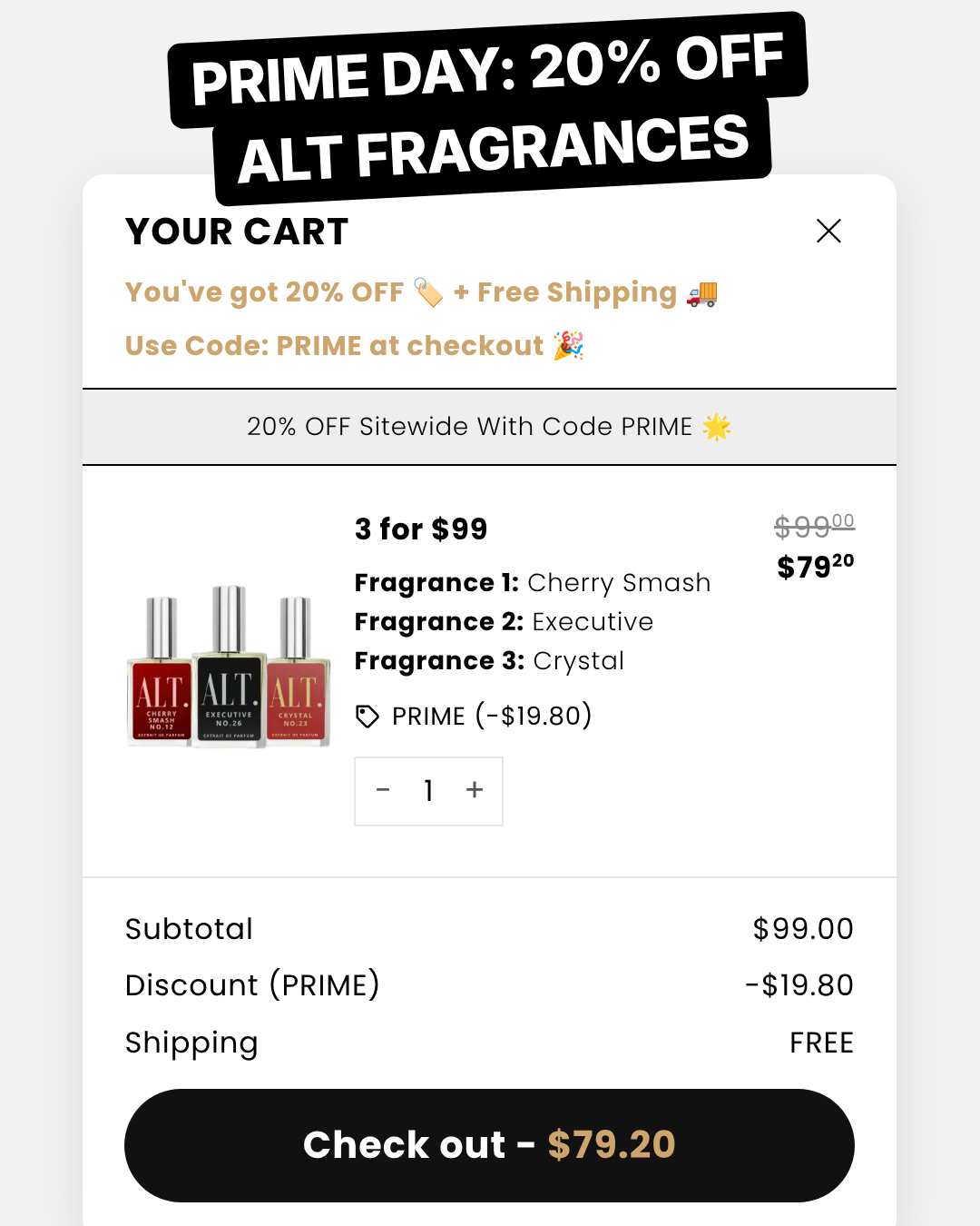 ALT. Fragrances Facebook ad: Prime Day Sale: 20% OFF ALT Fragrances