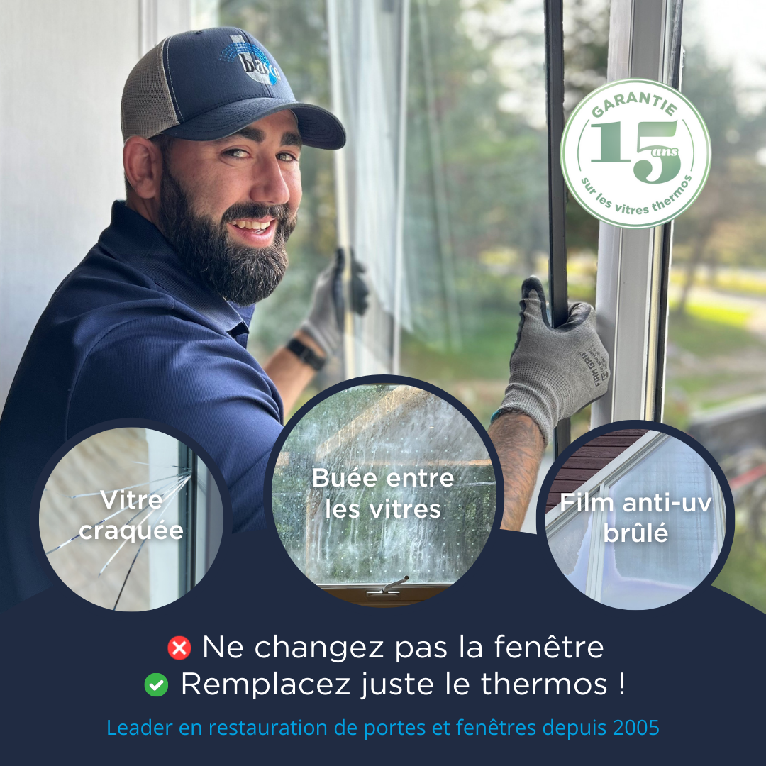 Basco Portes et Fenêtres Facebook ad: Remplacement vitre thermos garantie 15 ans