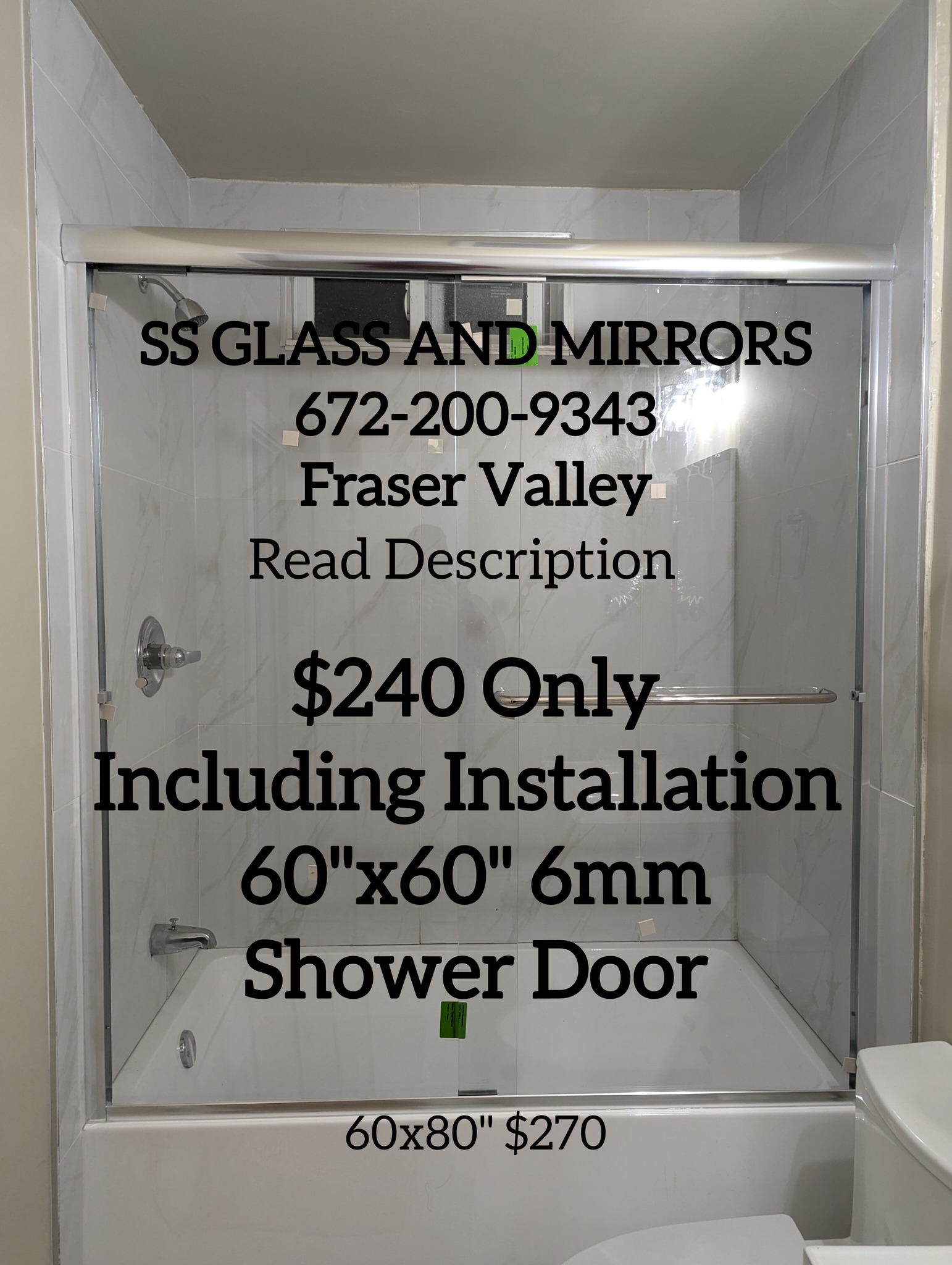 SS Glass and Mirrors Facebook ad: Brand New Shower Door Material+Installation