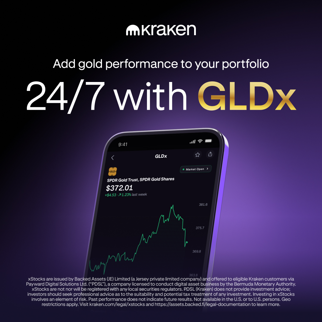 Kraken Digital Asset Exchange Facebook ad: GLDx: gold, 24/7