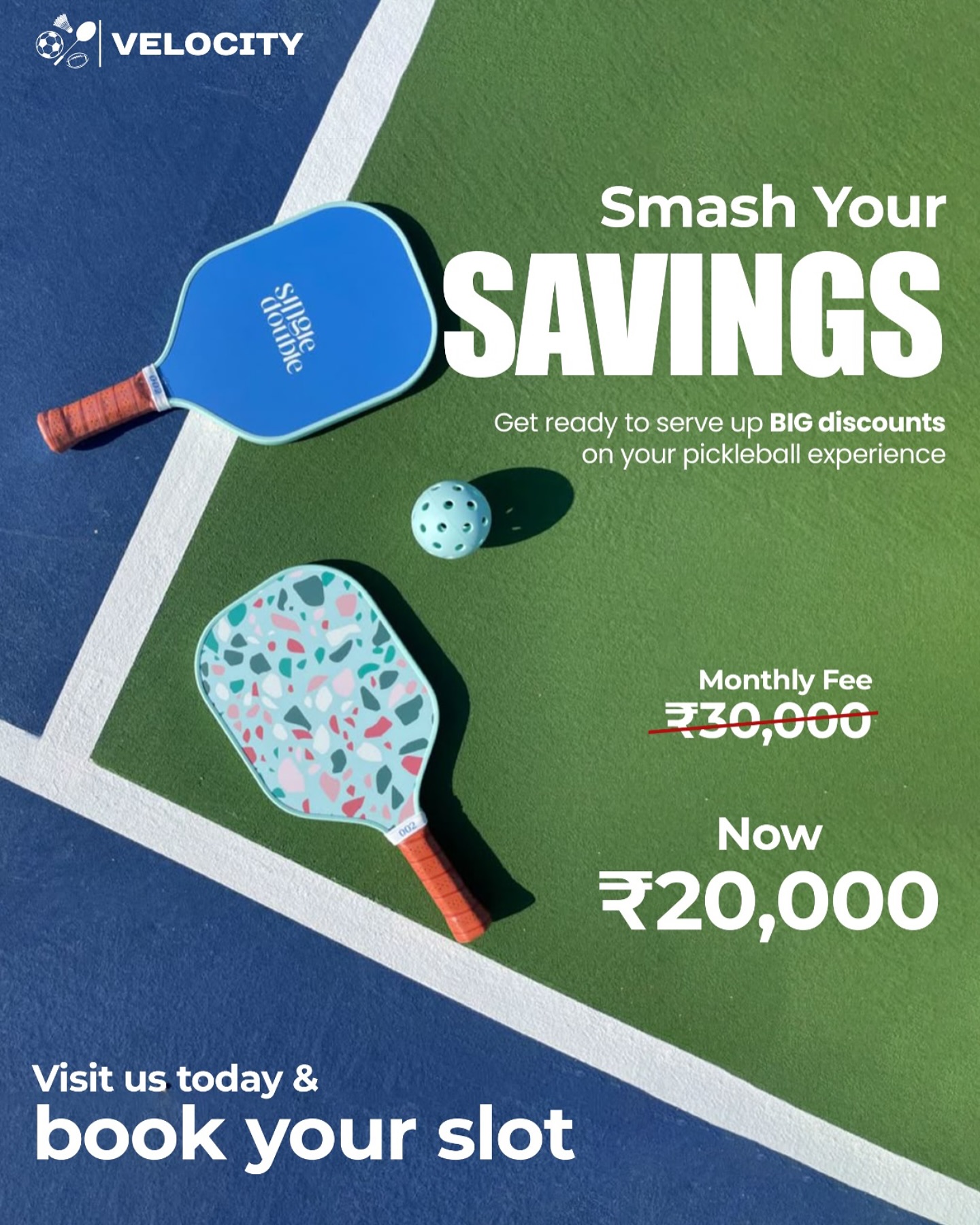 Velocity Sports Arena Facebook ad: Pickleball Slots at ₹20,000!