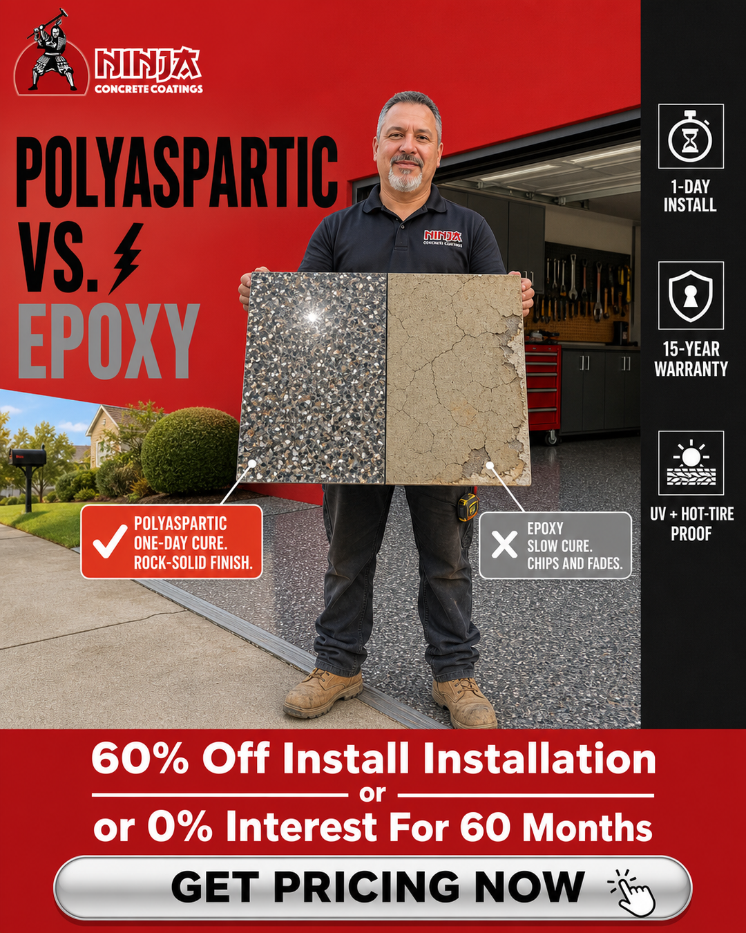 Ninja Coatings Facebook ad: 60% OFF Install On Concrete Coatings