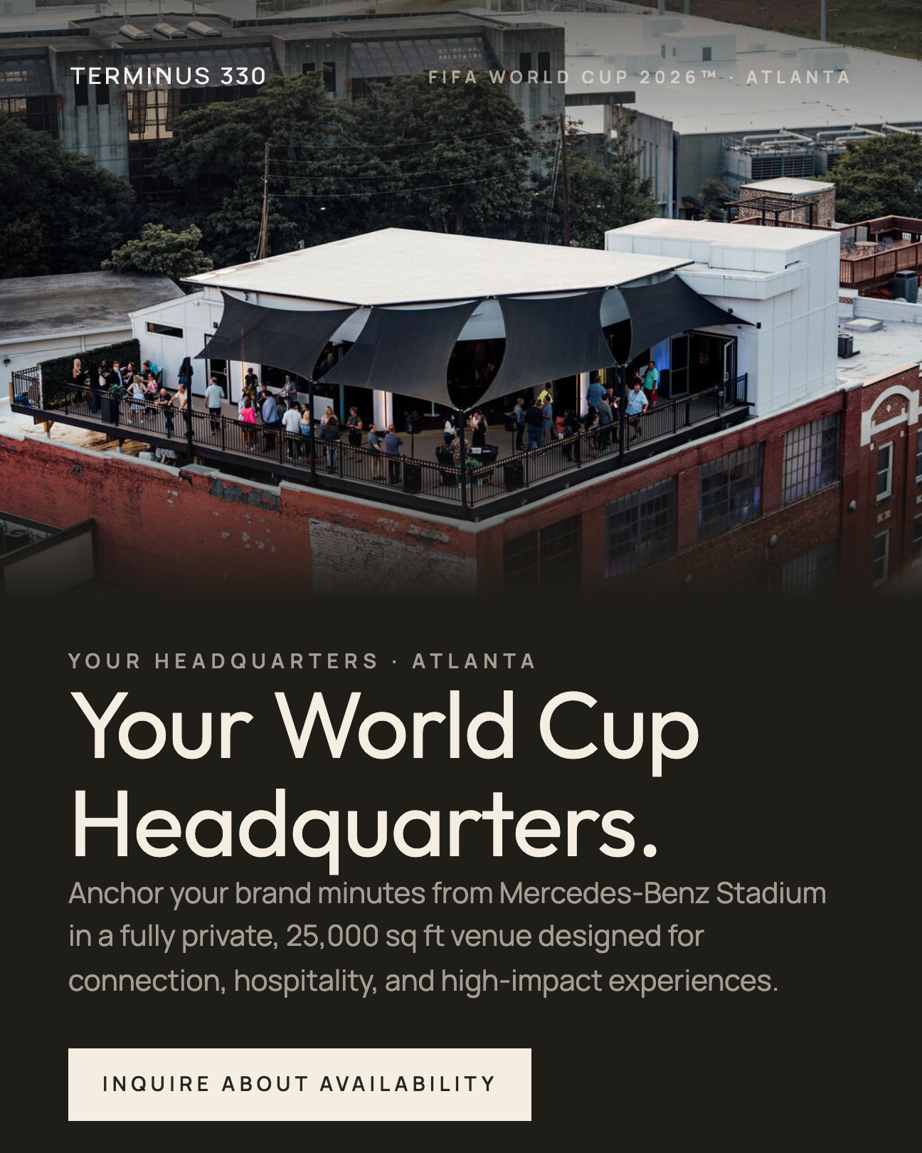 Terminus 330 Event Venue Facebook ad: Terminus 330- Atlanta’s Home Base for World Cup 2026.