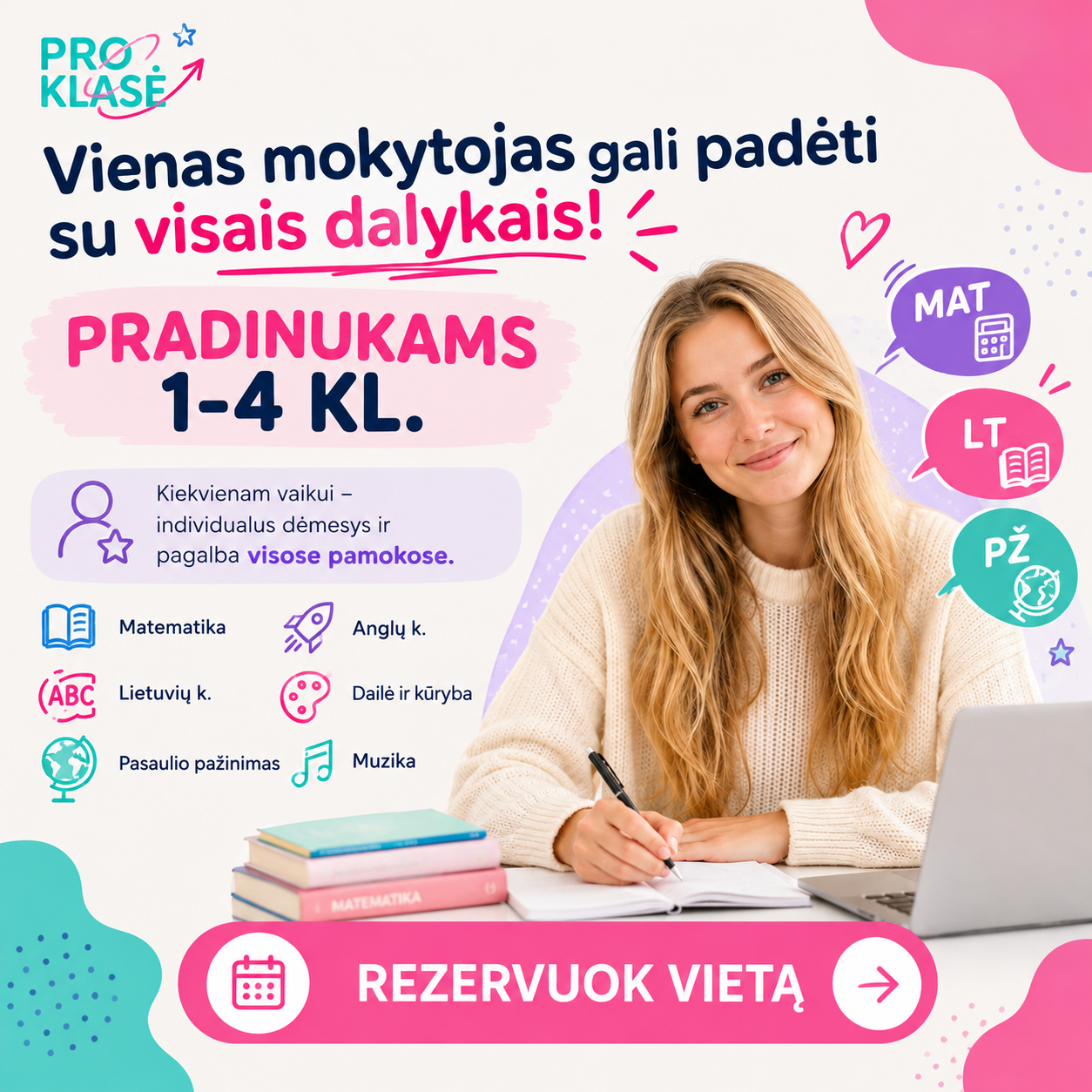 ProKlasė Facebook ad: Individualios pamokos 1-4 kl. mokiniams