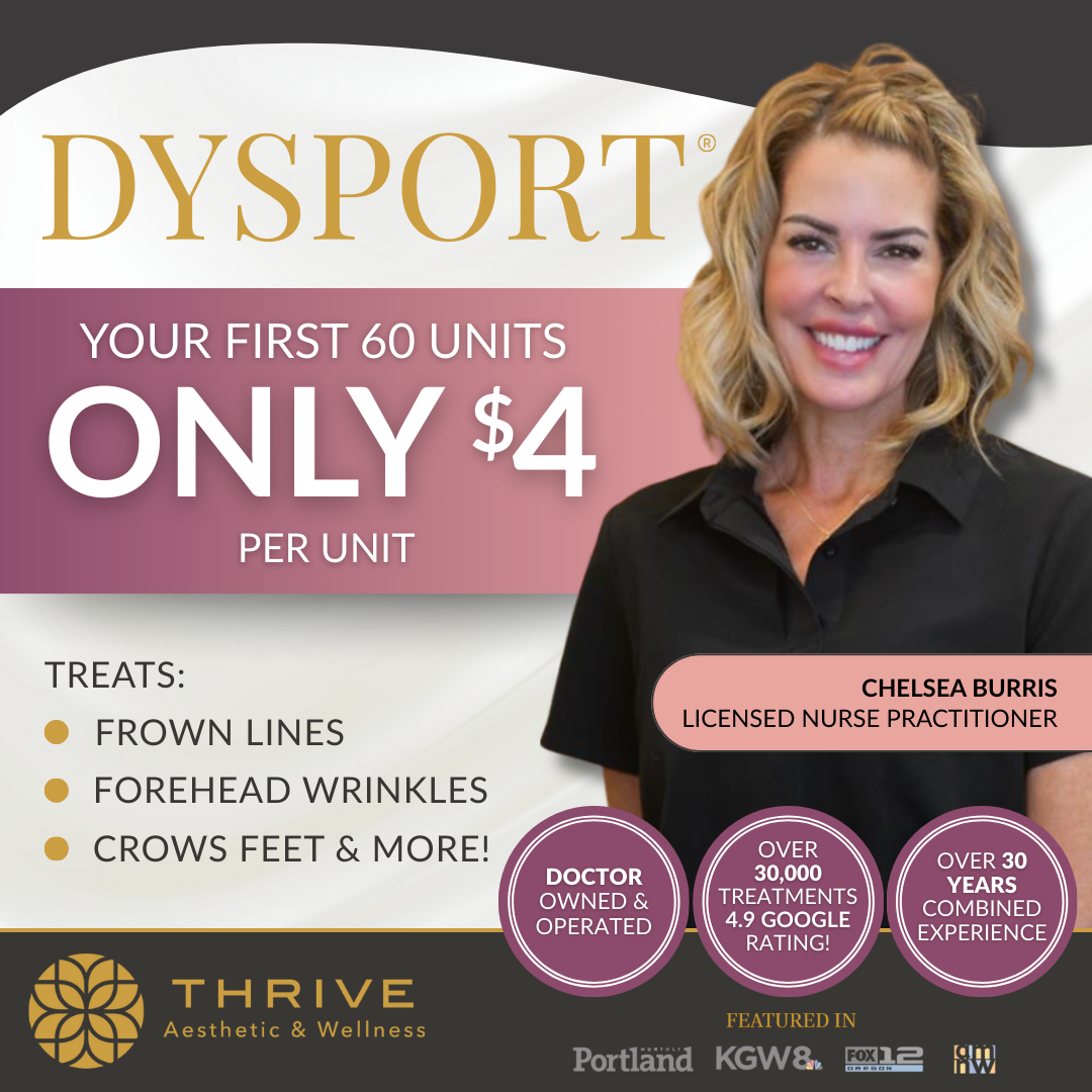 Thrive Aesthetic & Wellness Facebook ad: Get Your First 60 units of Dysport for ONLY $4/unit!