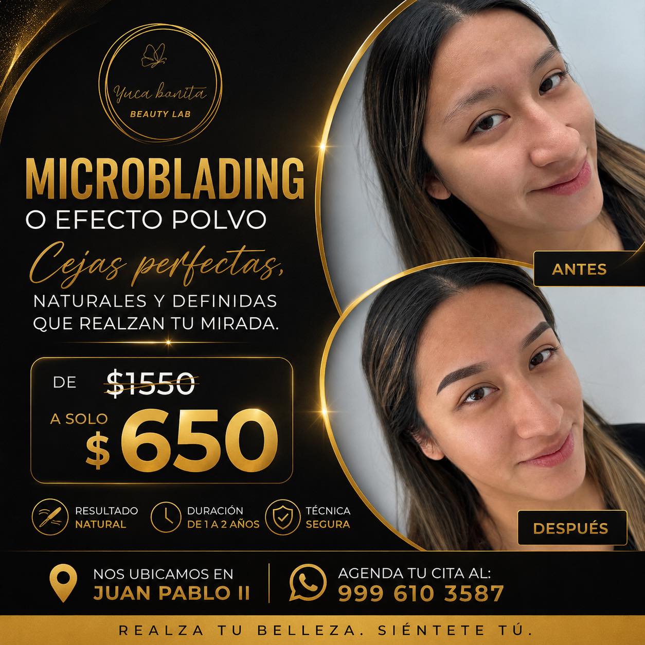 Yuca Bonita Beauty Lab Facebook ad: Realza tu mirada con cejas perfectas.