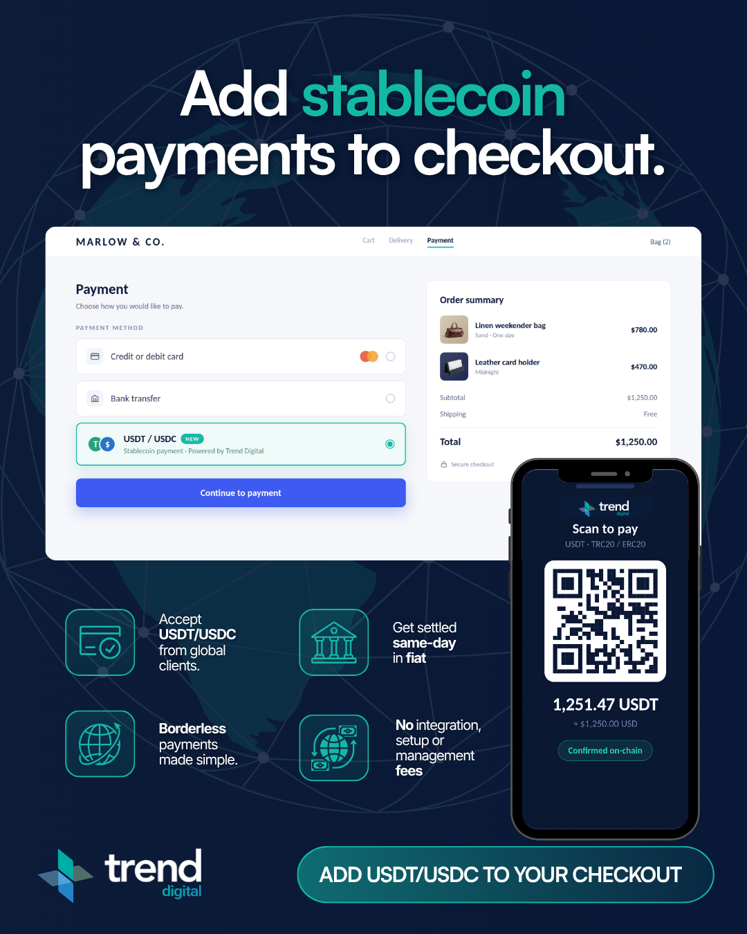 Trend Digital Facebook ad: Add USDT/USDC to Your Checkout