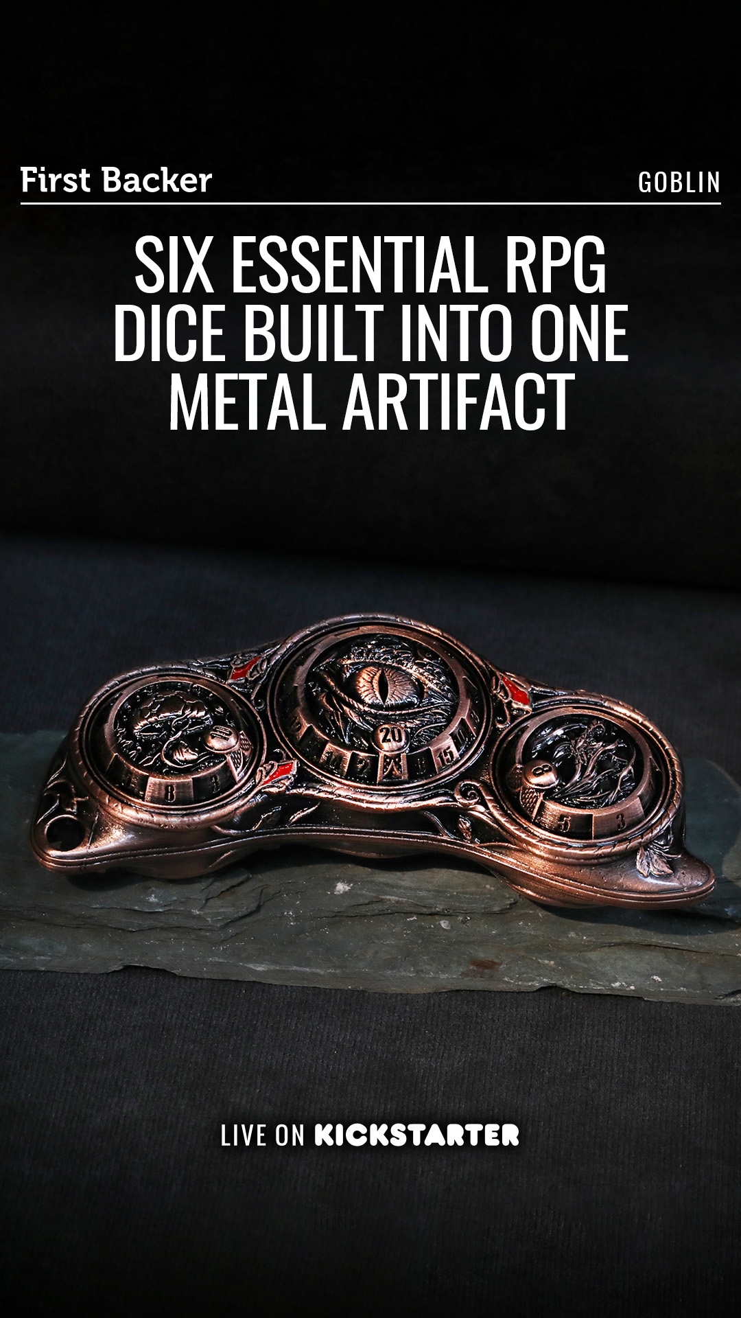Tabletop Games Crowdfunding Projects Facebook ad: 6-in-1 Metal Rotating RPG Dice Artifact