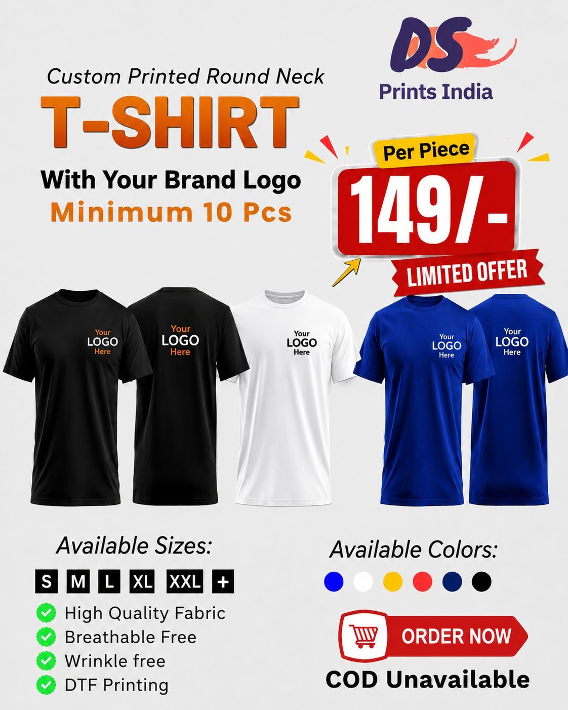 DS Prints India Facebook ad: Custom Logo T-Shirts @ ₹149/Piece