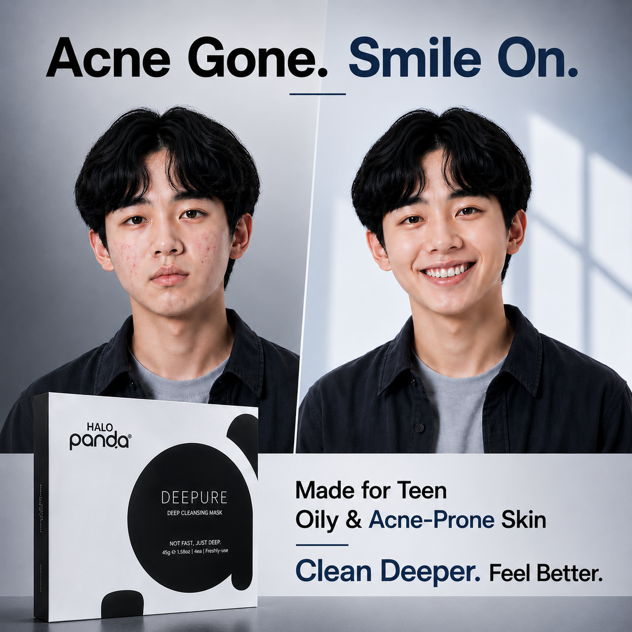 Halo Panda Deepure Mask by Halo and You Facebook ad: Acne Go Away!