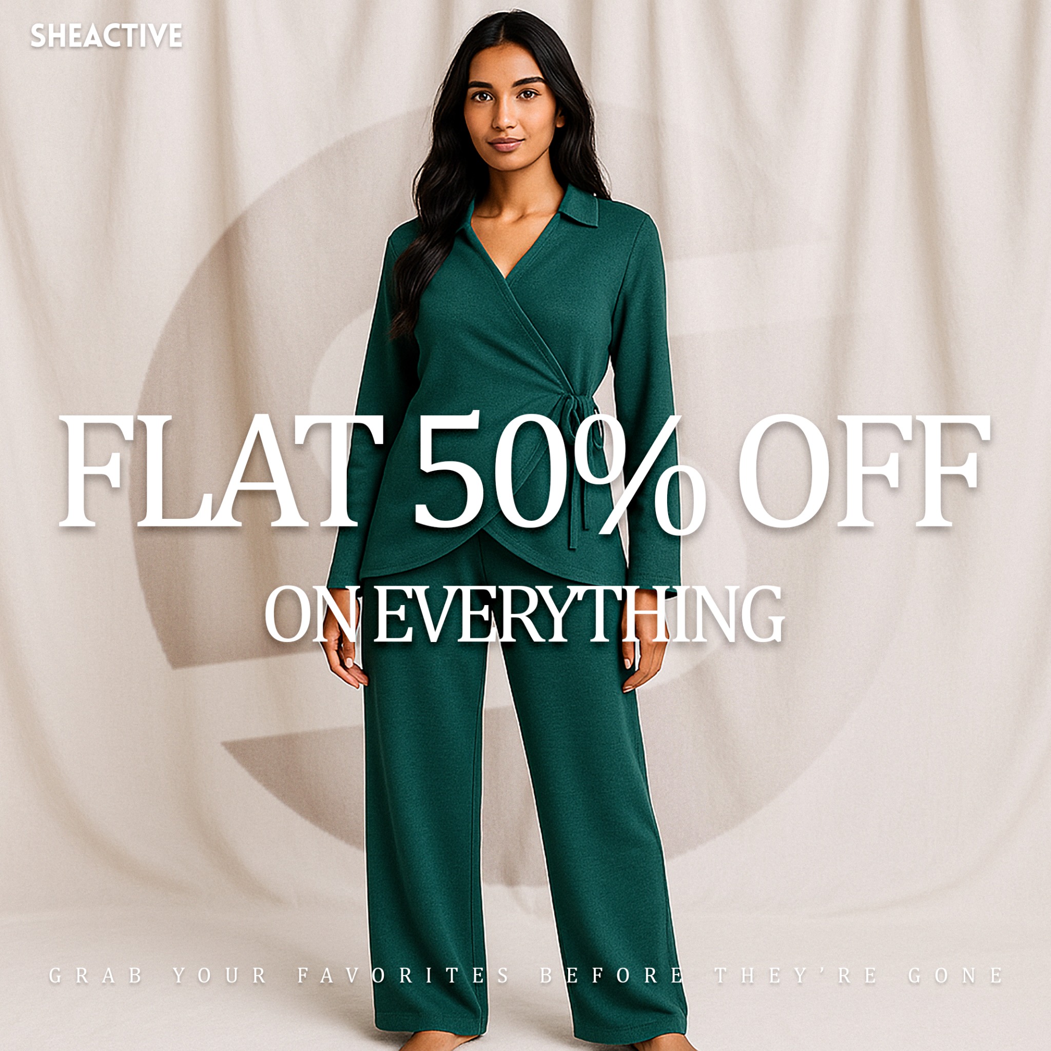 Shop SheActive Facebook ad: Shop Everything at Flat 50% Off