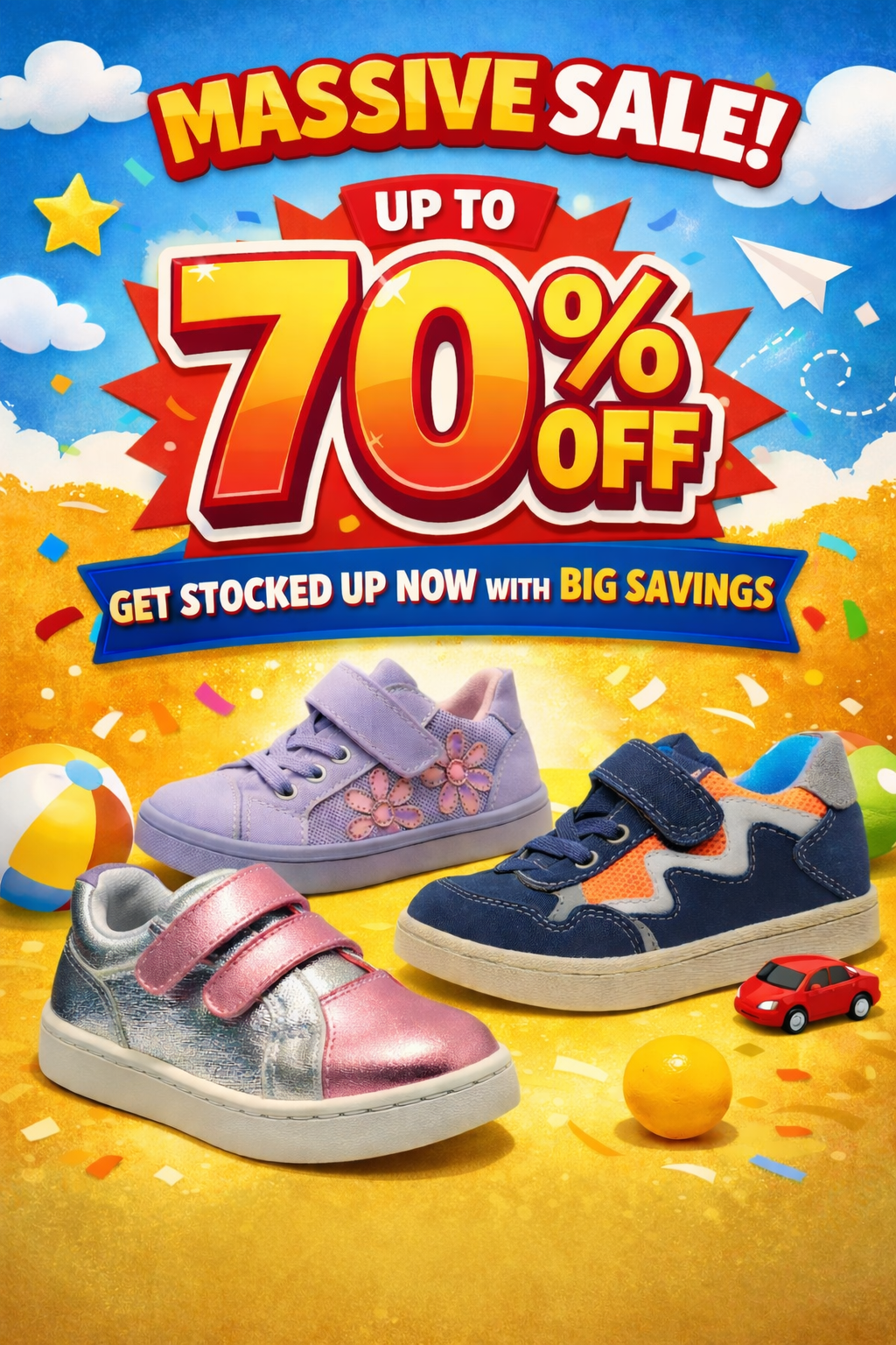 TT Kids Facebook ad: SALE! UP TO 70% OFF KIDS SHOES!