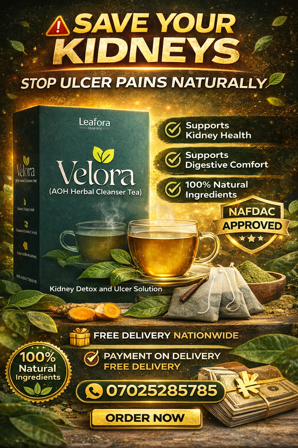 Leafora Essence Facebook ad: SAVE YOUR KIDNEYS AND STOP ULCER PAINS NATURALLY