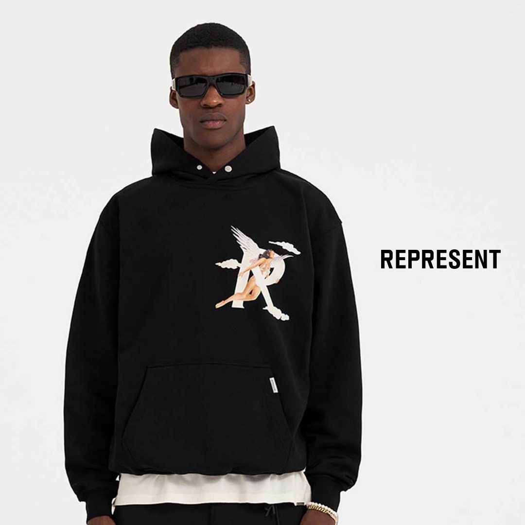 Represent Clo Facebook ad: Premium mens hoodies styled for streetwear with graphic…