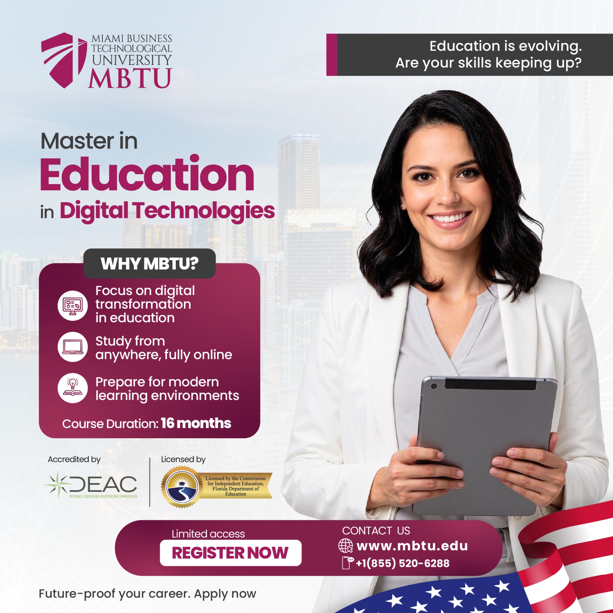 Miami Business Technological University Facebook ad: Boost your professional career with an American Master’s…
