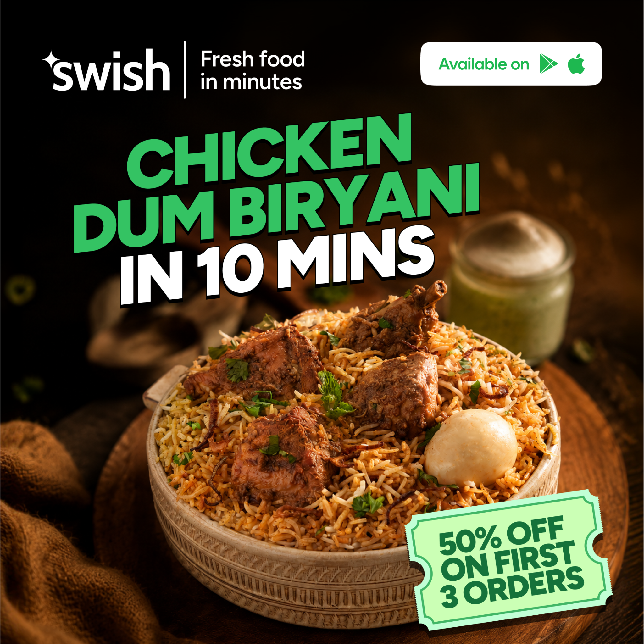 Swish Now Facebook ad: 50% off on your first 3 orders