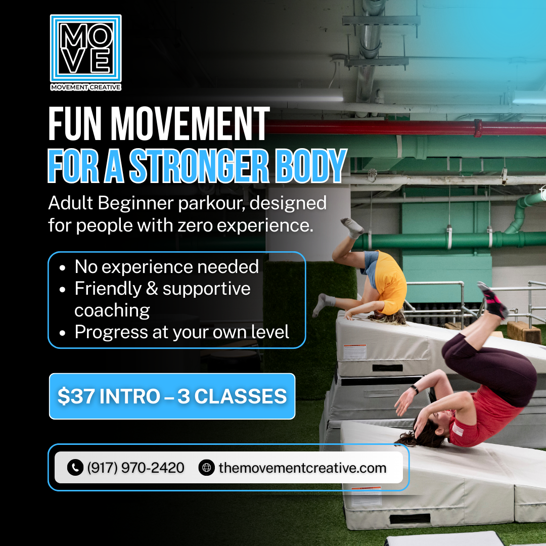 The Movement Creative Facebook ad: Adult Beginner Parkour, $37 Intro (3 Classes)
