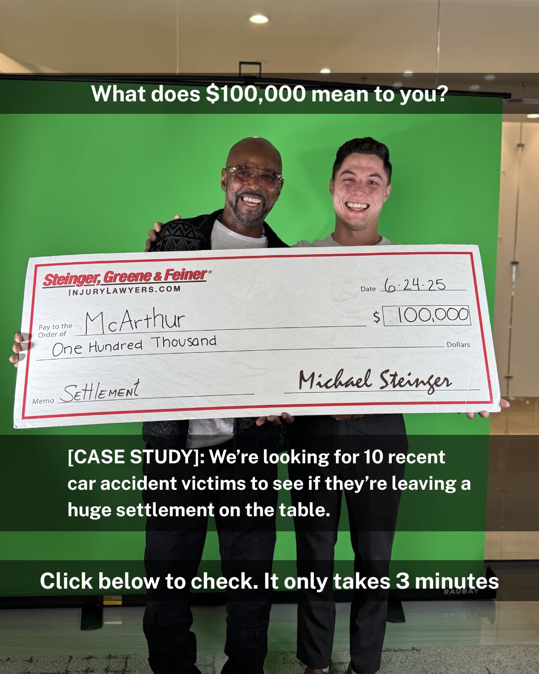 Steinger, Greene & Feiner Injury Lawyers Facebook ad: See if you have a case today!