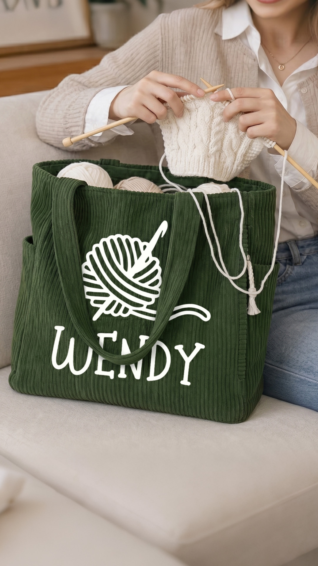 Insgifts Facebook ad: Custom Name Yarn Ball & Hook Corduroy Tote Bag, Large…